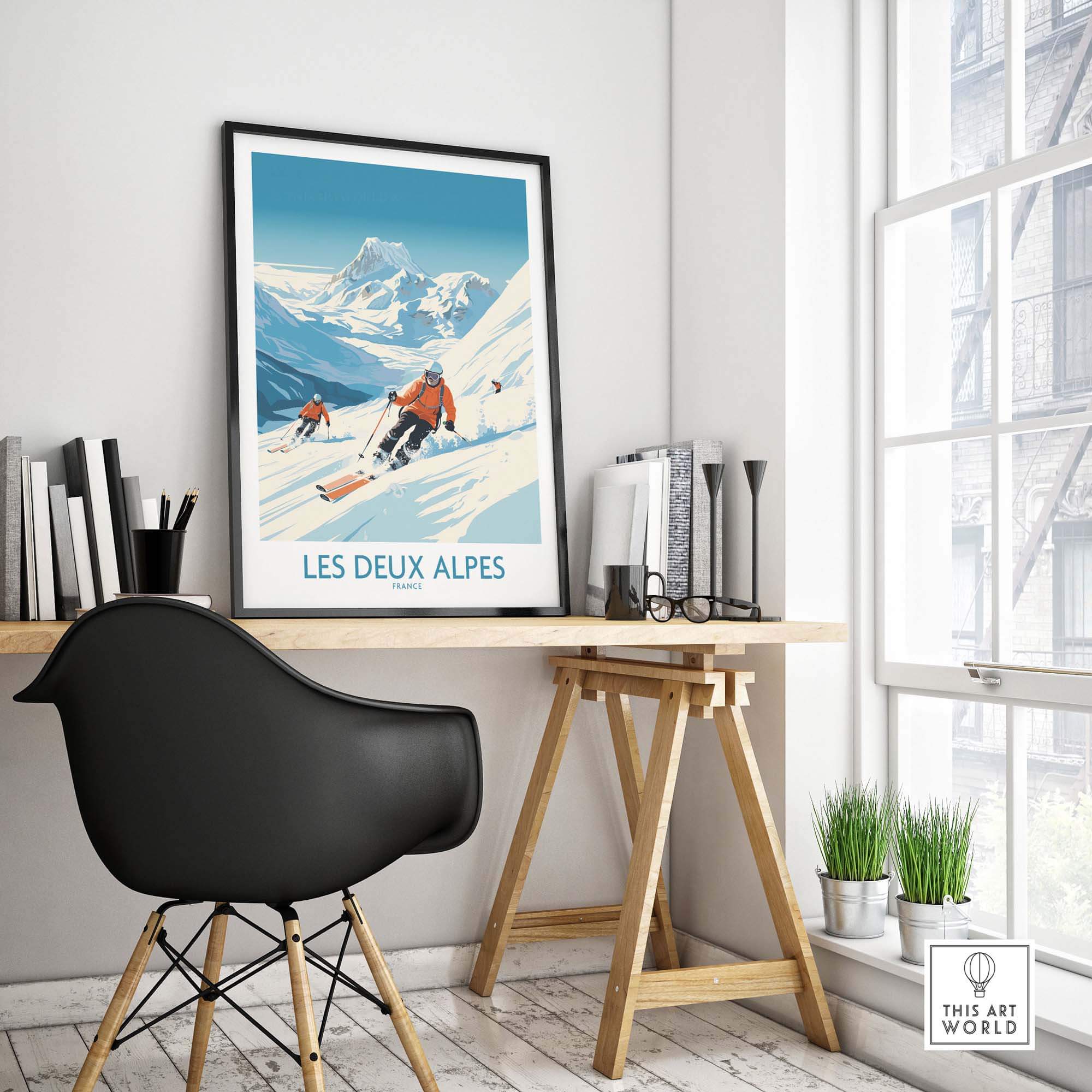 Les Deux Alpes ski print displayed in a modern room, capturing winter sports thrill and stunning alpine views.