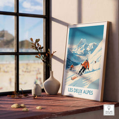 Les Deux Alpes ski print framed by window, showcasing winter sports and Alpine scenery in bright colors.