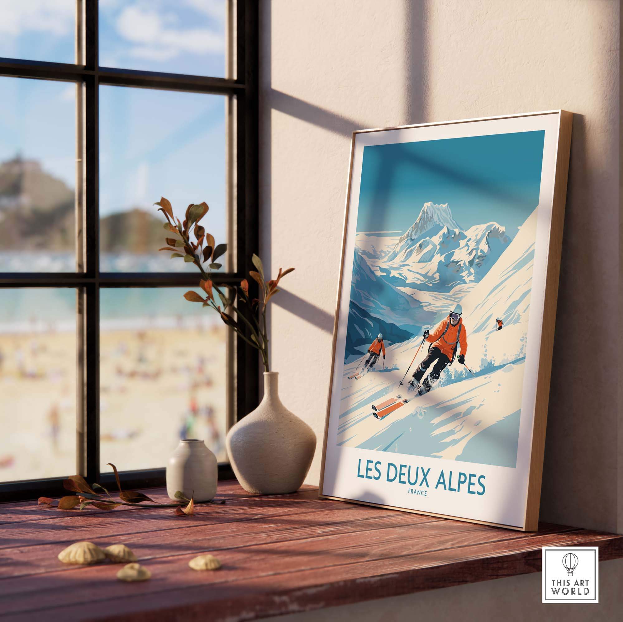 Les Deux Alpes ski print framed by window, showcasing winter sports and Alpine scenery in bright colors.