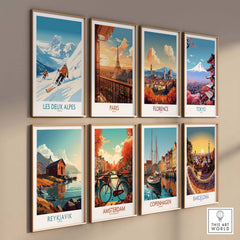 Colorful travel prints on a wall featuring iconic locations like Les Deux Alpes, Paris, and Barcelona. Ideal for decor enthusiasts.
