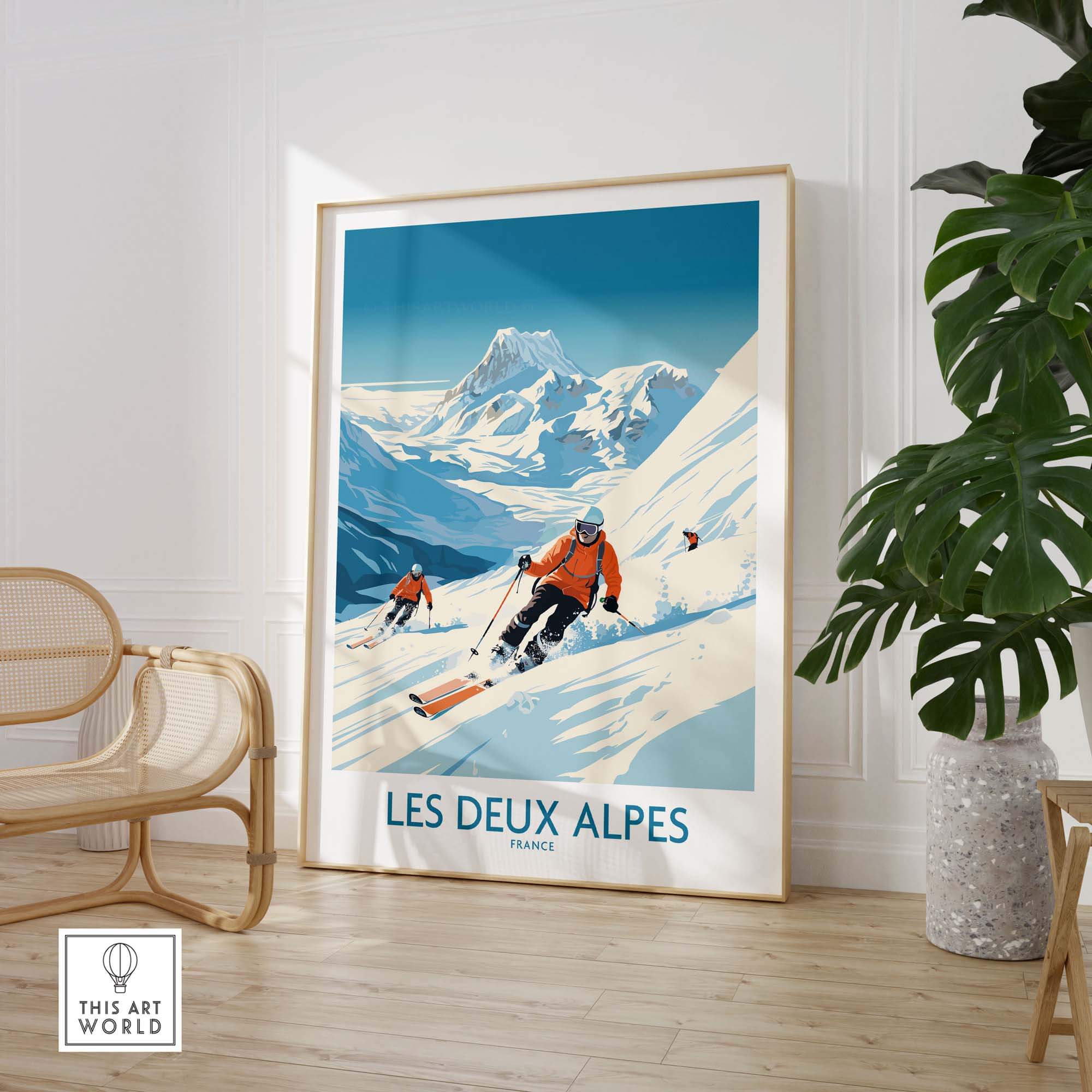 Les Deux Alpes ski print showcasing skiers on snowy slopes, capturing the beauty of winter sports in the French Alps.