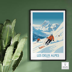 Les Deux Alpes ski print showcasing skiers on slopes with stunning mountain backdrop, perfect for winter sports enthusiasts.