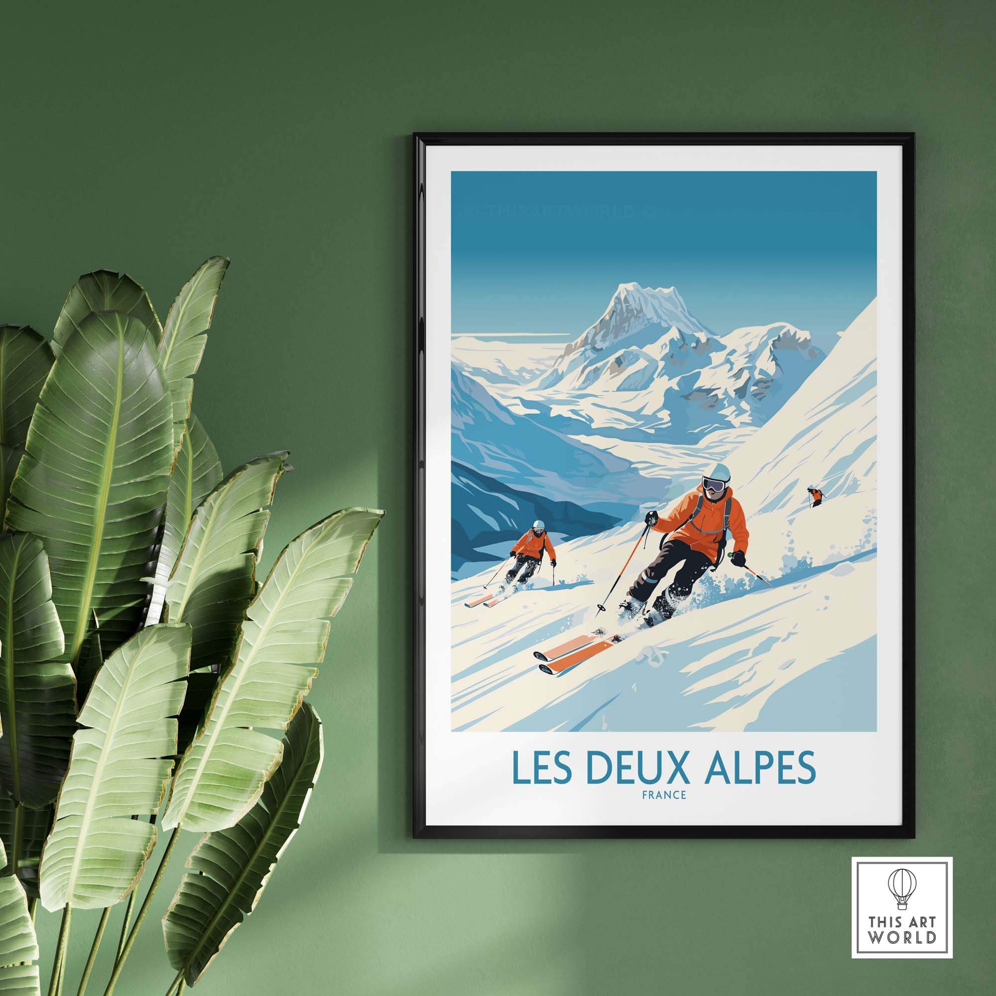 Les Deux Alpes ski print showcasing skiers on slopes with stunning mountain backdrop, perfect for winter sports enthusiasts.