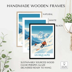 Handmade wooden frames in natural, white, and black for Les Deux Alpes ski print, showcasing sustainable design and ready to hang.