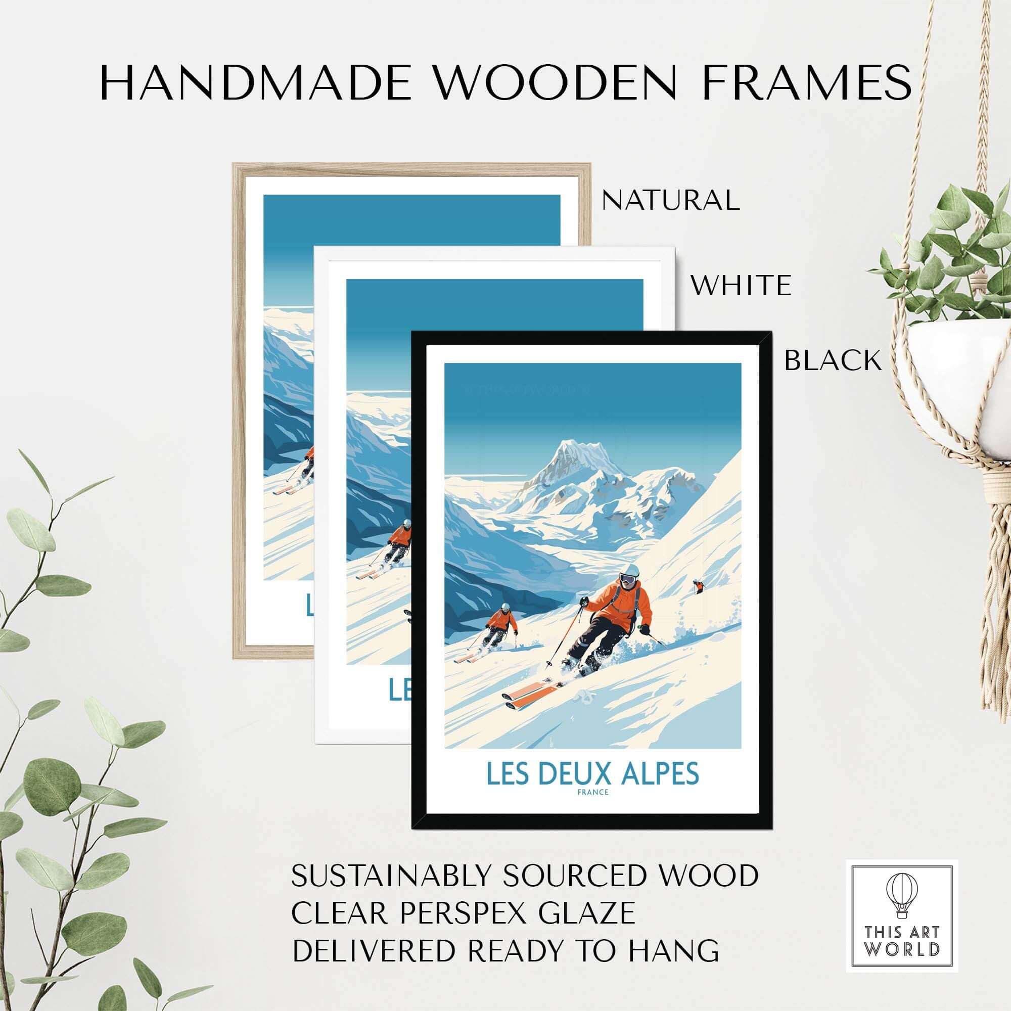 Handmade wooden frames in natural, white, and black for Les Deux Alpes ski print, showcasing sustainable design and ready to hang.