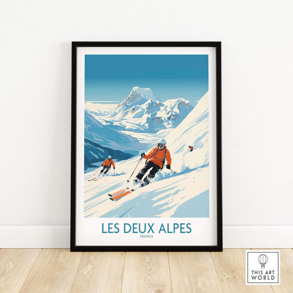 Les Deux Alpes ski print showcasing skiers on pristine slopes with stunning alpine scenery in France. Perfect for winter sports lovers.
