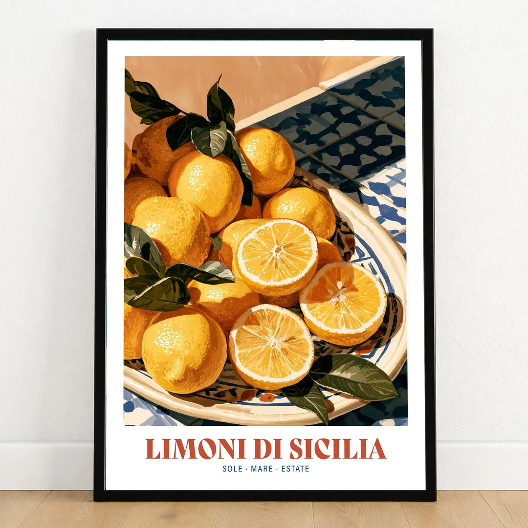 Sicilian Lemons Italian Kitchen Wall Art - art print in black frame on wooden floor