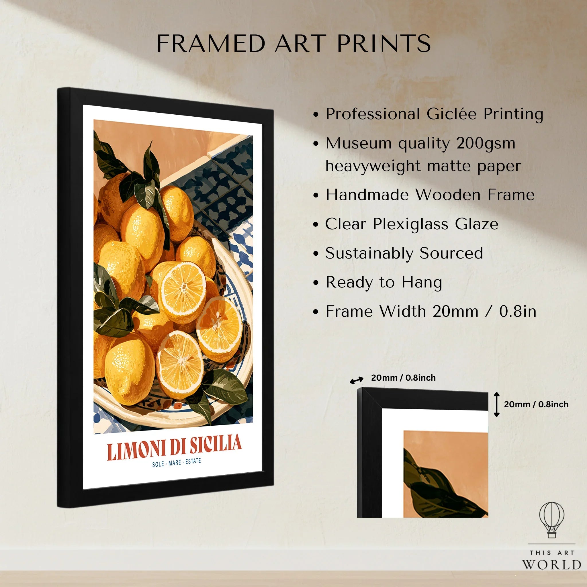 Sicilian Lemons Italian Kitchen Wall Art - framed print details measurements quality details
