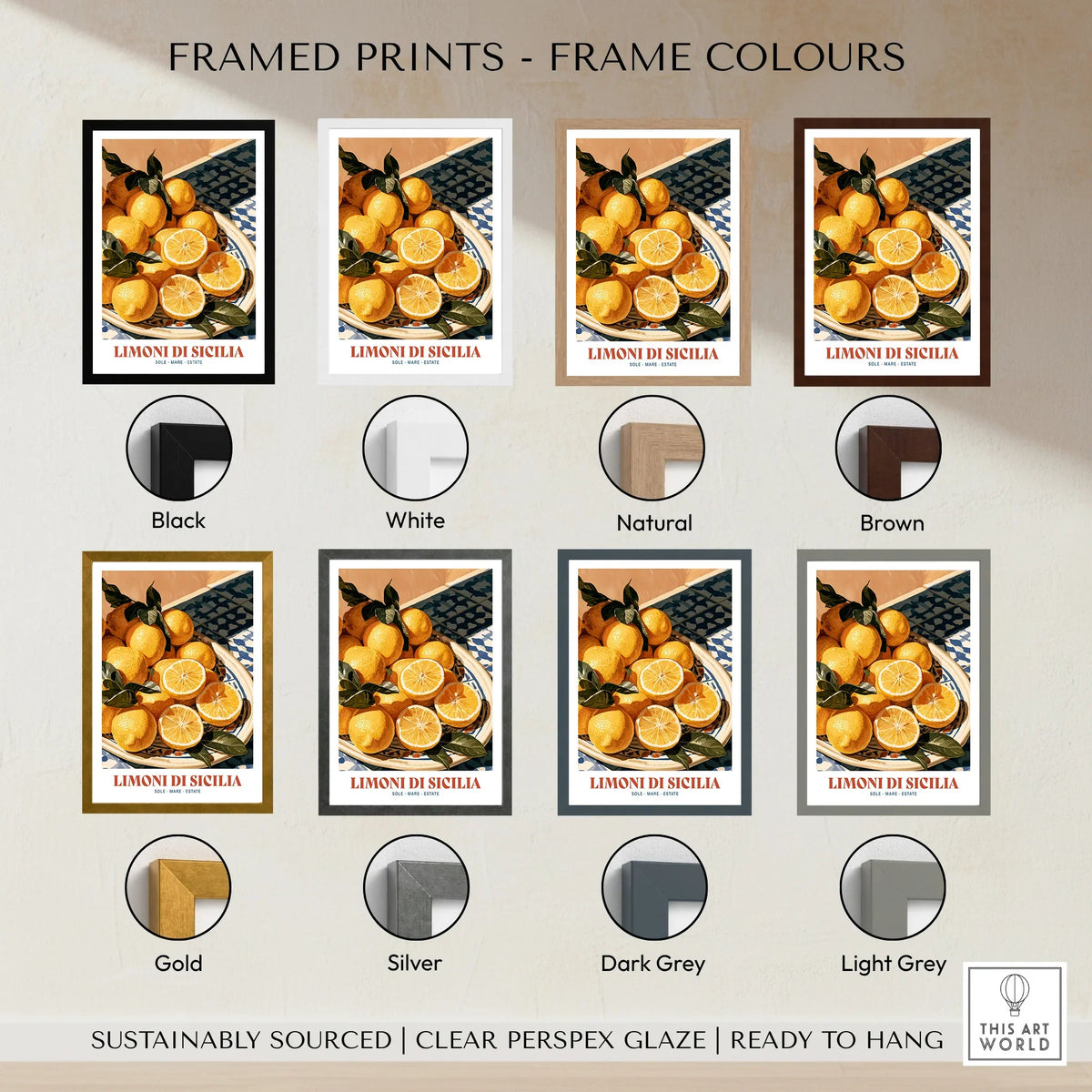 Sicilian Lemons Italian Kitchen Wall Art - framed print colour options