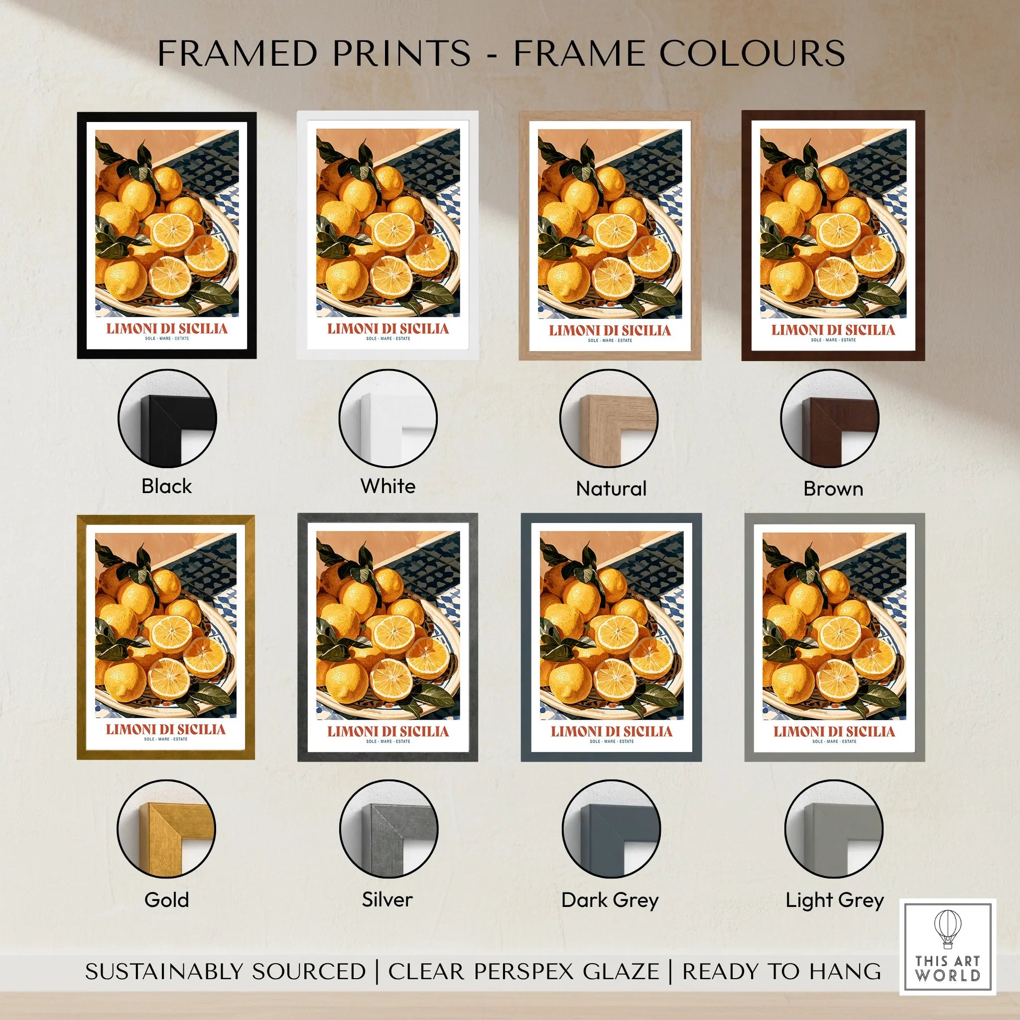 Sicilian Lemons Italian Kitchen Wall Art - framed print colour options