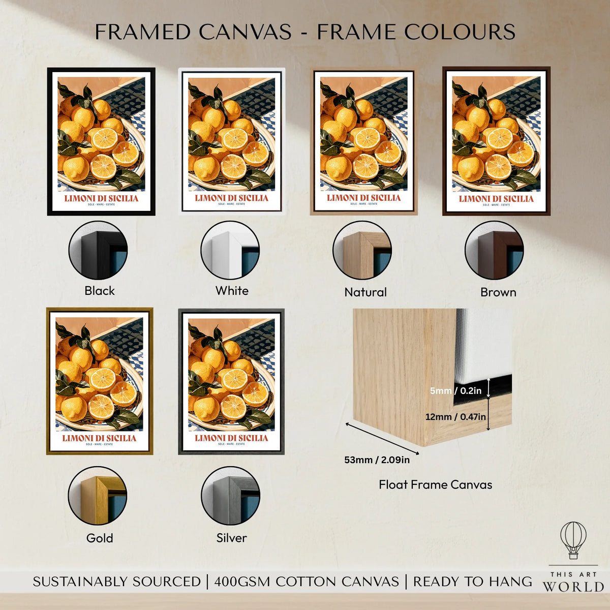 Sicilian Lemons Italian Kitchen Wall Art - framed canvas float frame colour options