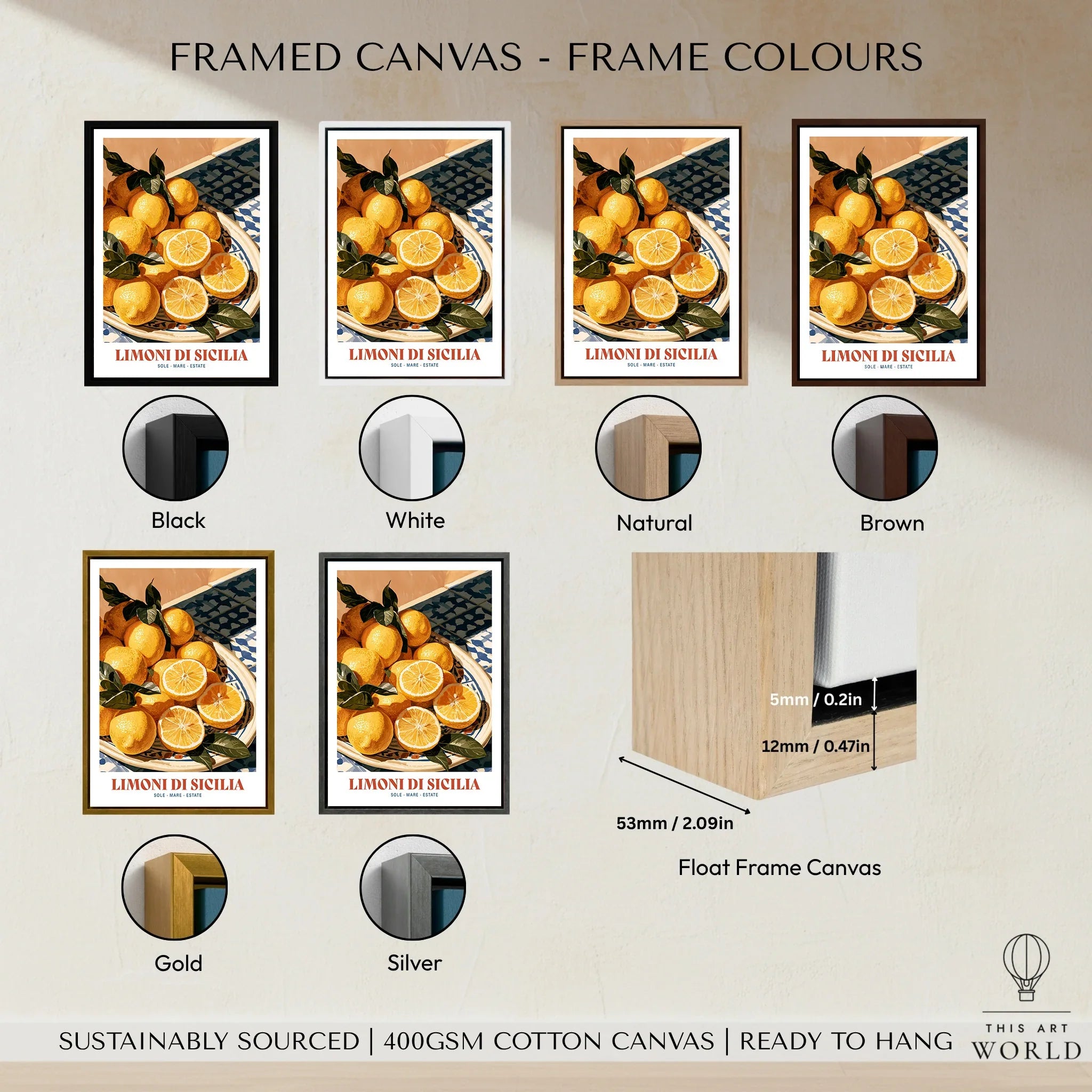 Sicilian Lemons Italian Kitchen Wall Art - framed canvas float frame colour options