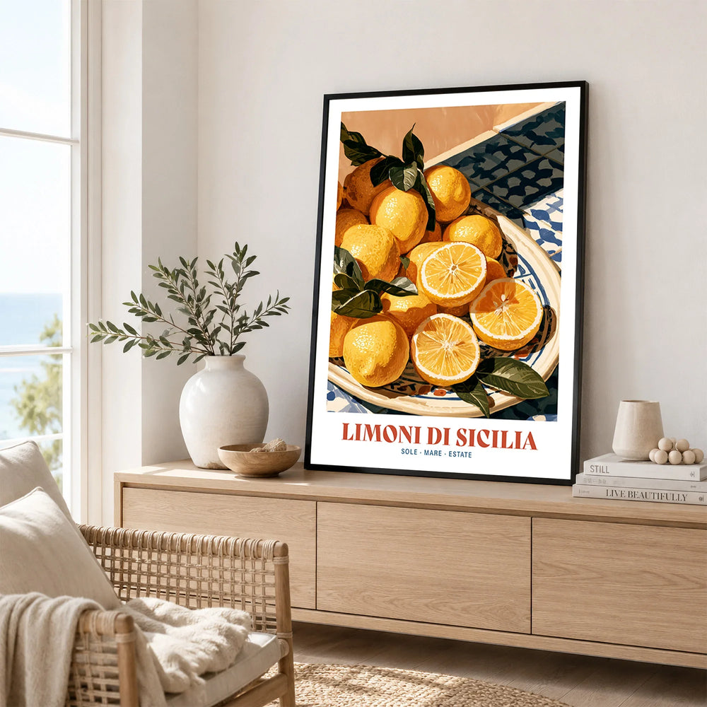 Sicilian Lemons Italian Kitchen Wall Art - framed artwork living room lifestyle setting