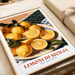 Sicilian Lemons Italian Kitchen Wall Art - framed art print closeup gift unwrapped natural frame