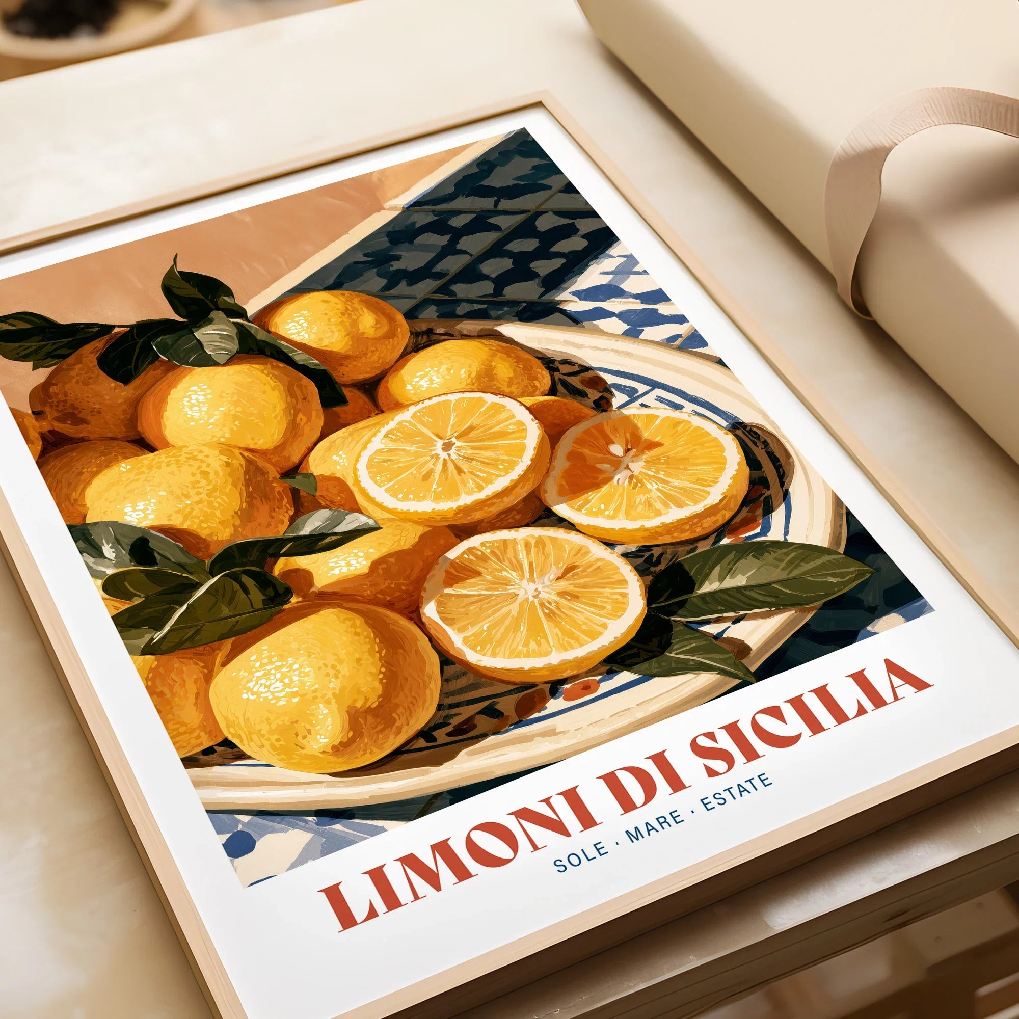 Sicilian Lemons Italian Kitchen Wall Art - framed art print closeup gift unwrapped natural frame