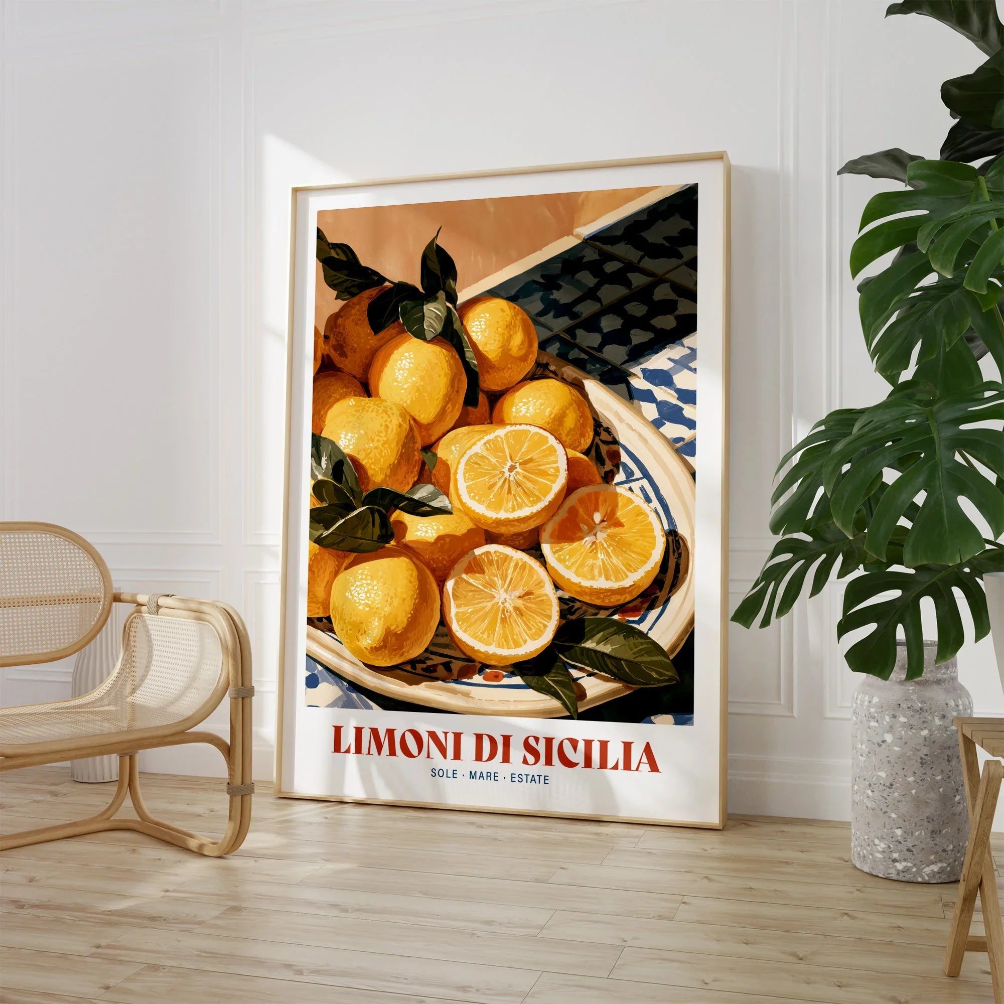 Sicilian Lemons Italian Kitchen Wall Art - large framed print room setting chair plant