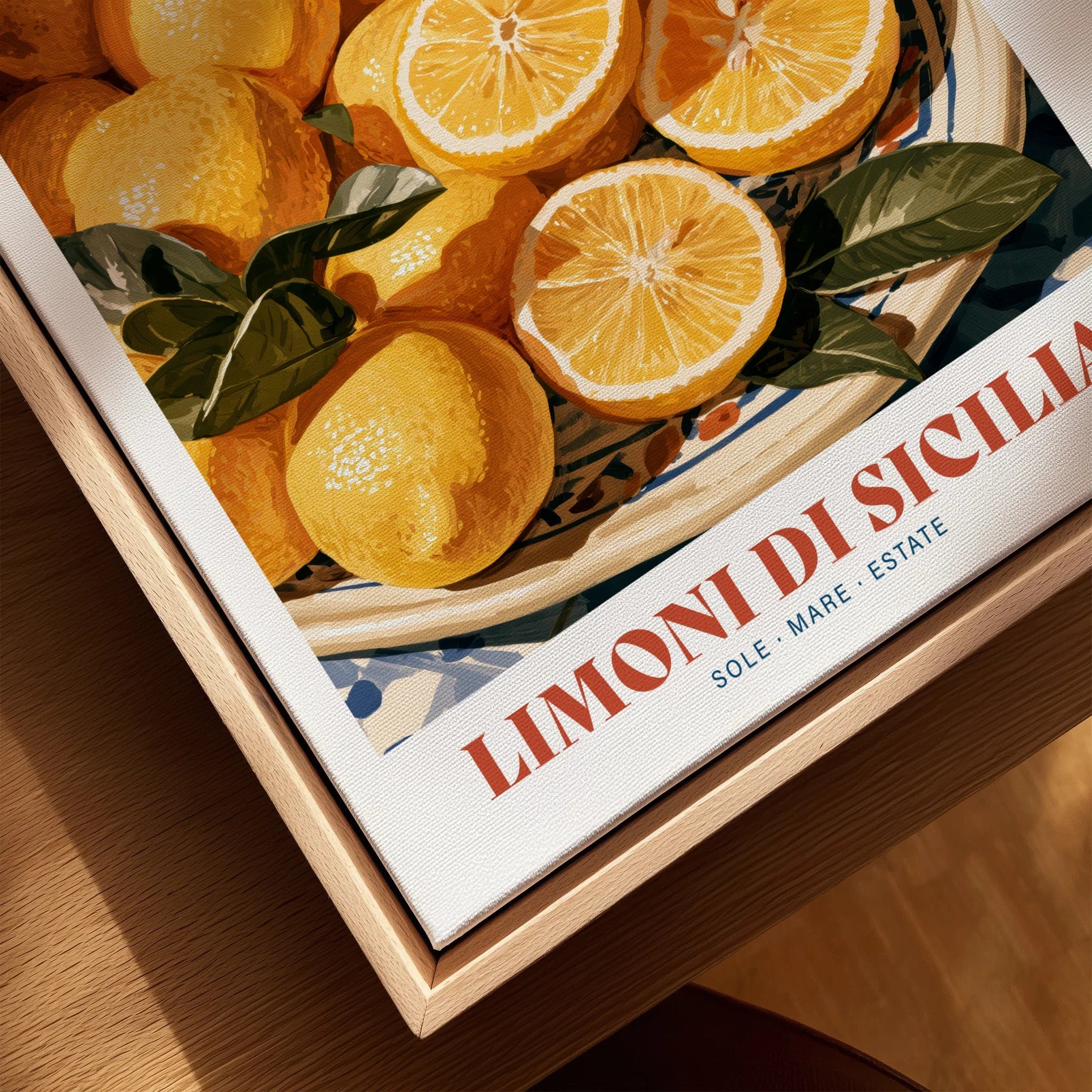 Sicilian Lemons Italian Kitchen Wall Art - closeup framed canvas natural wood floating frame