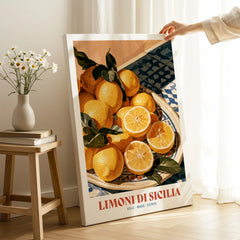 Sicilian Lemons Italian Kitchen Wall Art - canvas print mirror edge hand holding room setting
