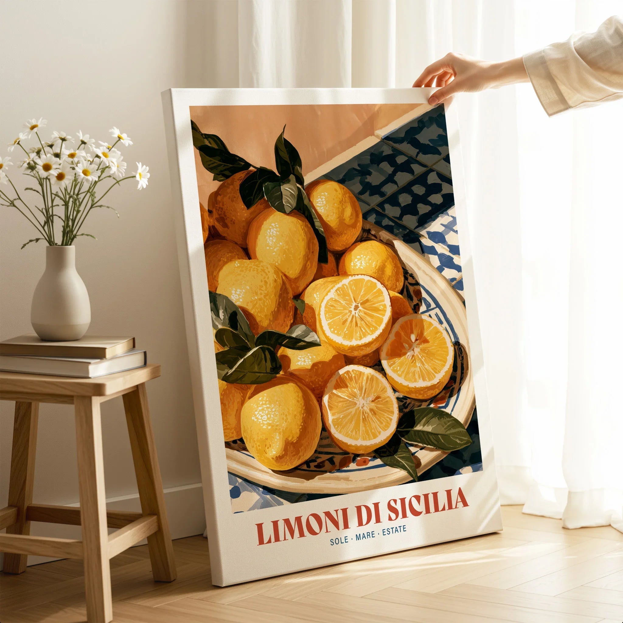 Sicilian Lemons Italian Kitchen Wall Art - canvas print mirror edge hand holding room setting