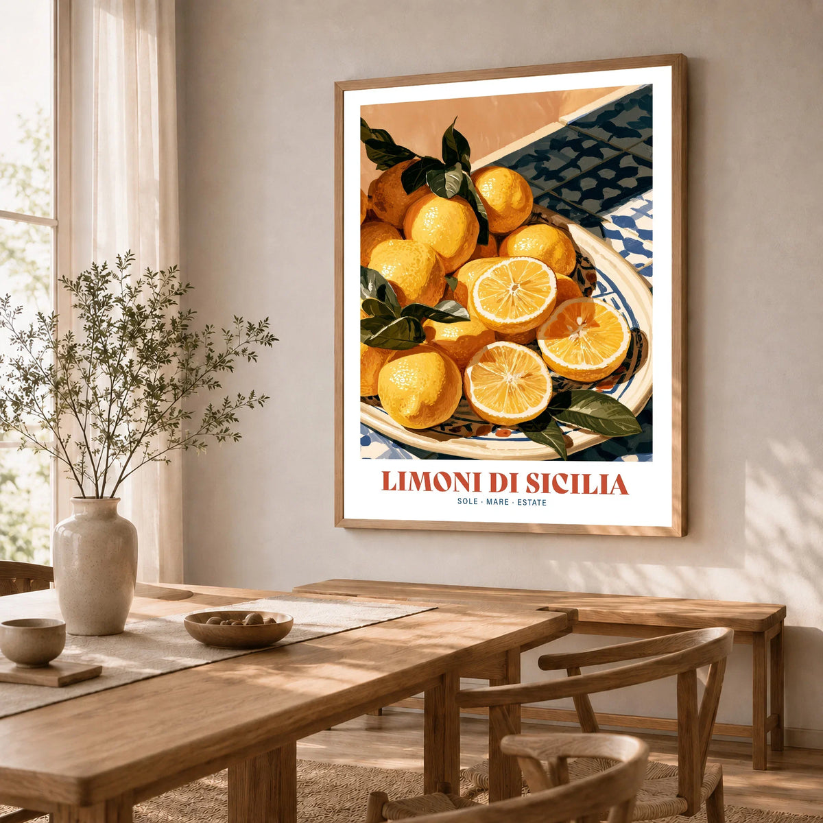 Sicilian Lemons Italian Kitchen Wall Art - dining room framed print natural wood frame mockup ThisArtWorld