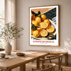 Sicilian Lemons Italian Kitchen Wall Art - dining room framed print natural wood frame mockup ThisArtWorld