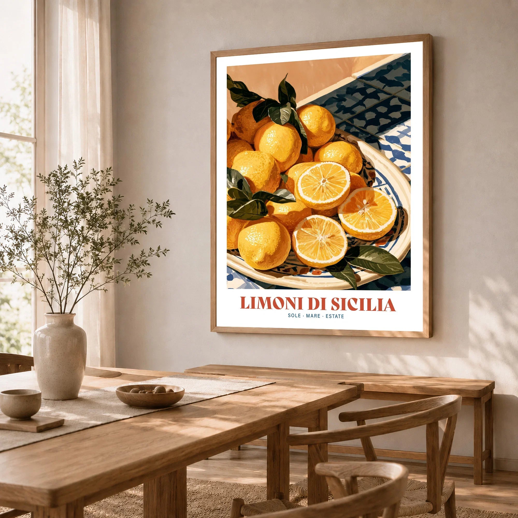 Sicilian Lemons Italian Kitchen Wall Art - dining room framed print natural wood frame mockup ThisArtWorld