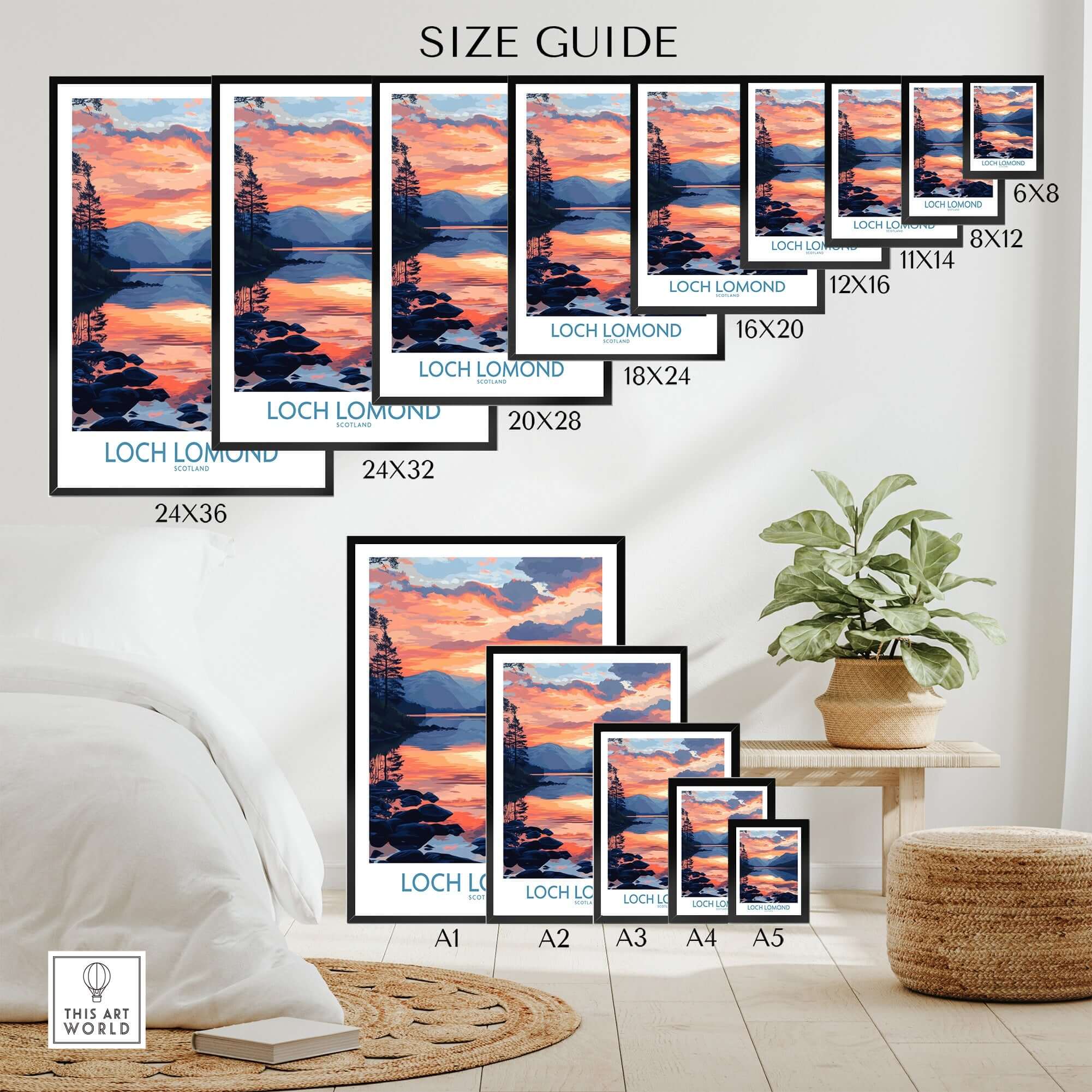 Loch Lomond Art Print size guide showcasing available frame sizes and scenic views of Loch Lomond.