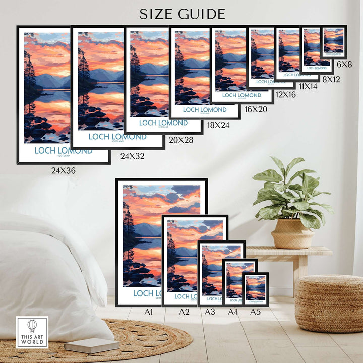 Loch Lomond Art Print size guide with various frame options displayed in a stylish interior setting.