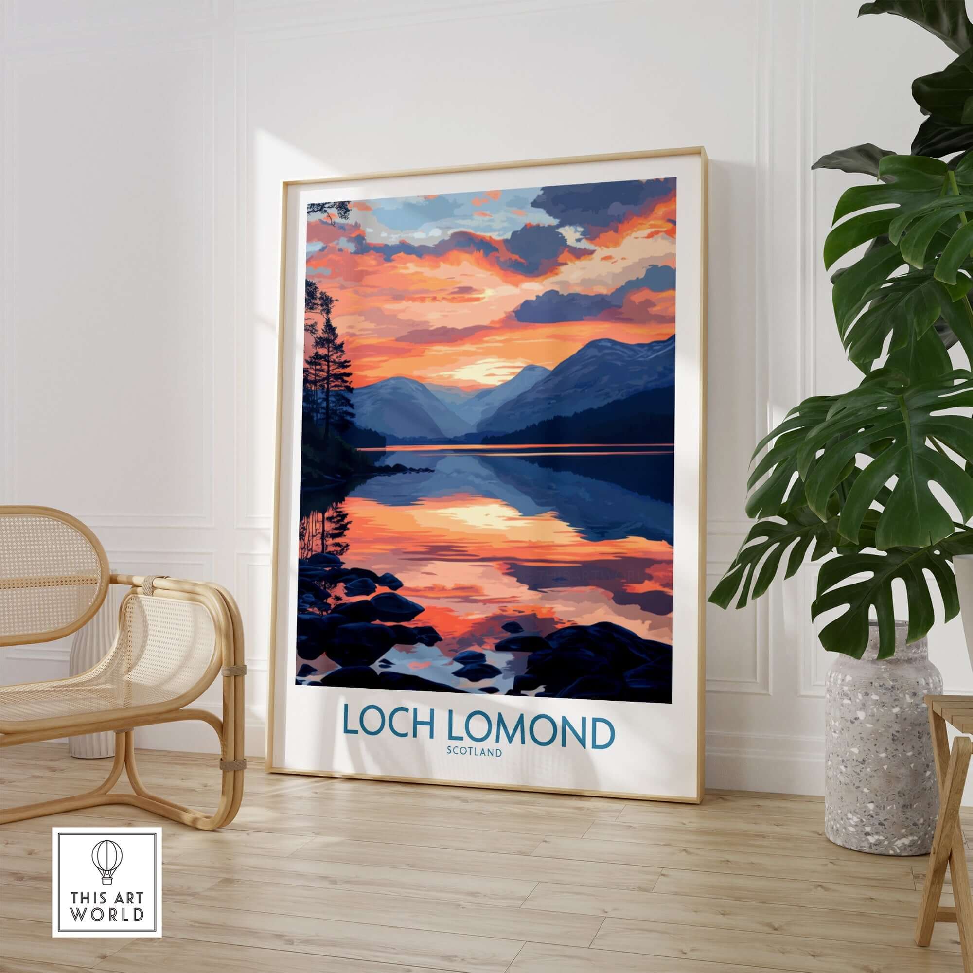 Loch Lomond Art Print depicting a stunning sunset over the famous Scottish lake, perfect for home decoration.