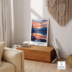 Loch Lomond Art Print displayed in a cozy living room setting, showcasing the beauty of Scotland's famous lake.