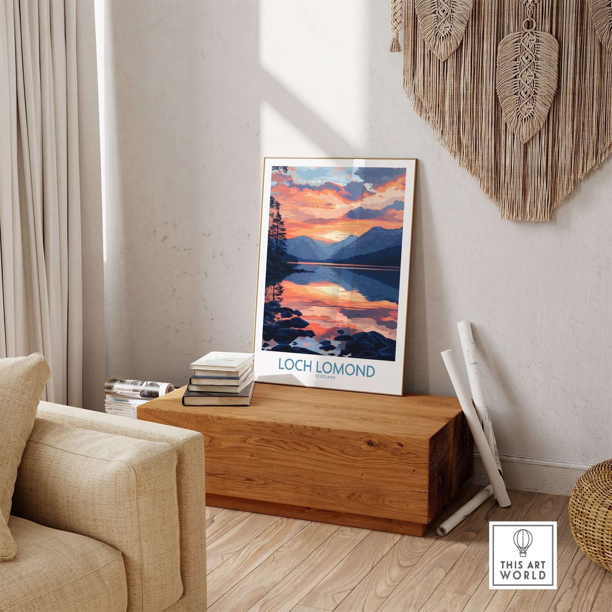 Loch Lomond Art Print displayed in a cozy living room setting, showcasing the beauty of Scotland's famous lake.