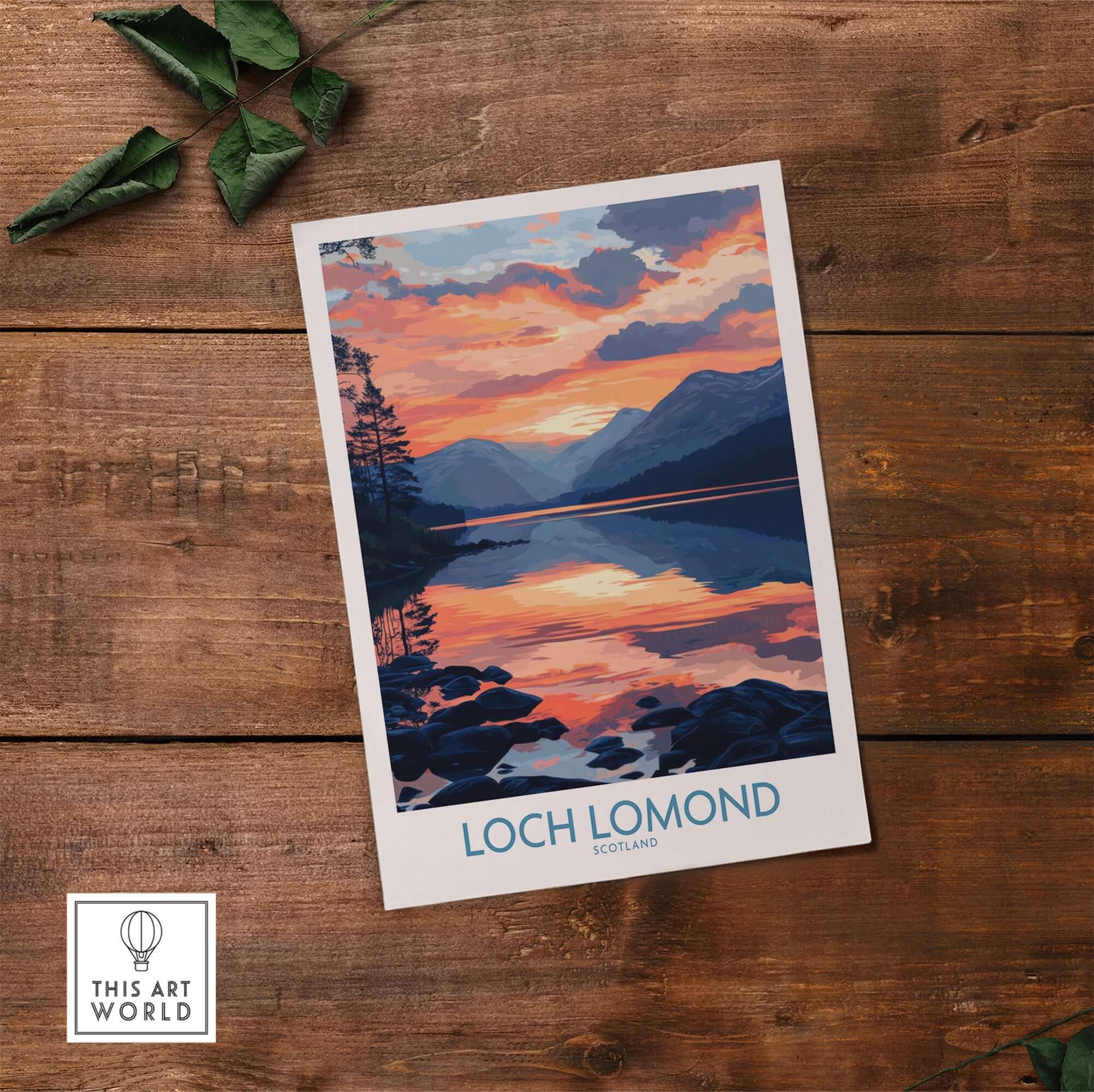 Loch Lomond Art Print featuring a vibrant sunset over the tranquil waters of Loch Lomond in Scotland.
