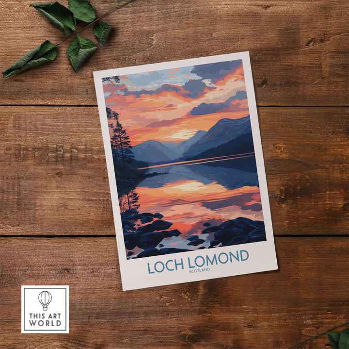 Loch Lomond art print showcasing a vibrant sunset over the Scottish lake, framed on rustic wood background.