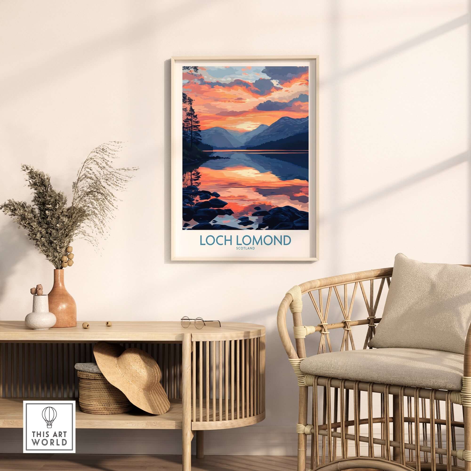Loch Lomond Art Print displayed in a stylish interior, showcasing nature's beauty and peaceful lake reflections.
