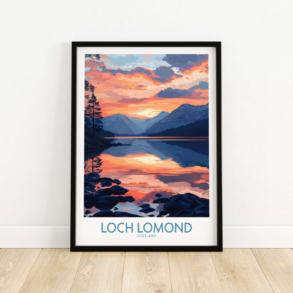 Loch Lomond art print featuring a vibrant sunset over the lake and mountains, perfect for nature lovers.