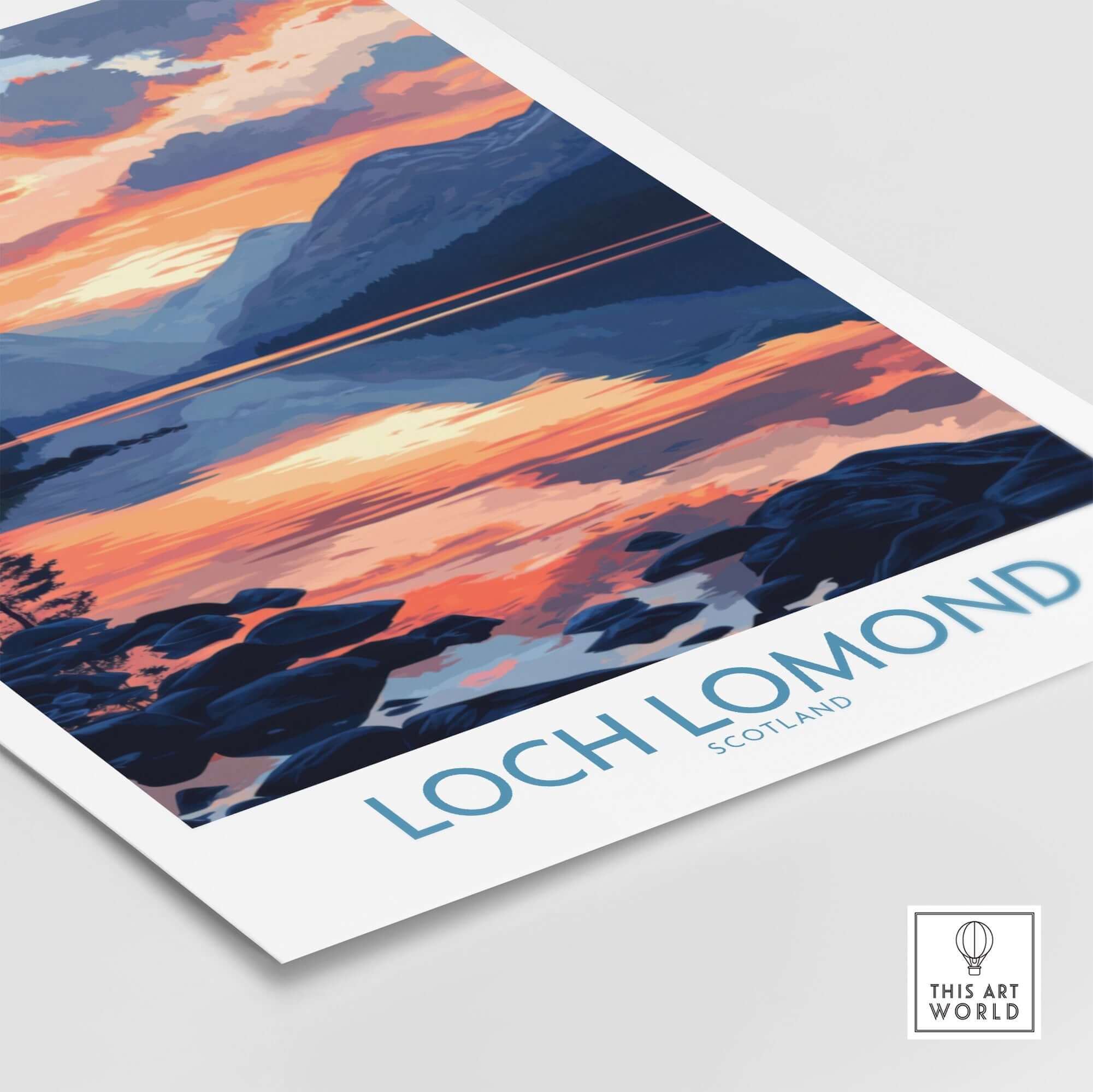 Loch Lomond Art Print showcasing vibrant colors of Scotland's famous lake at sunset, perfect for nature lovers.