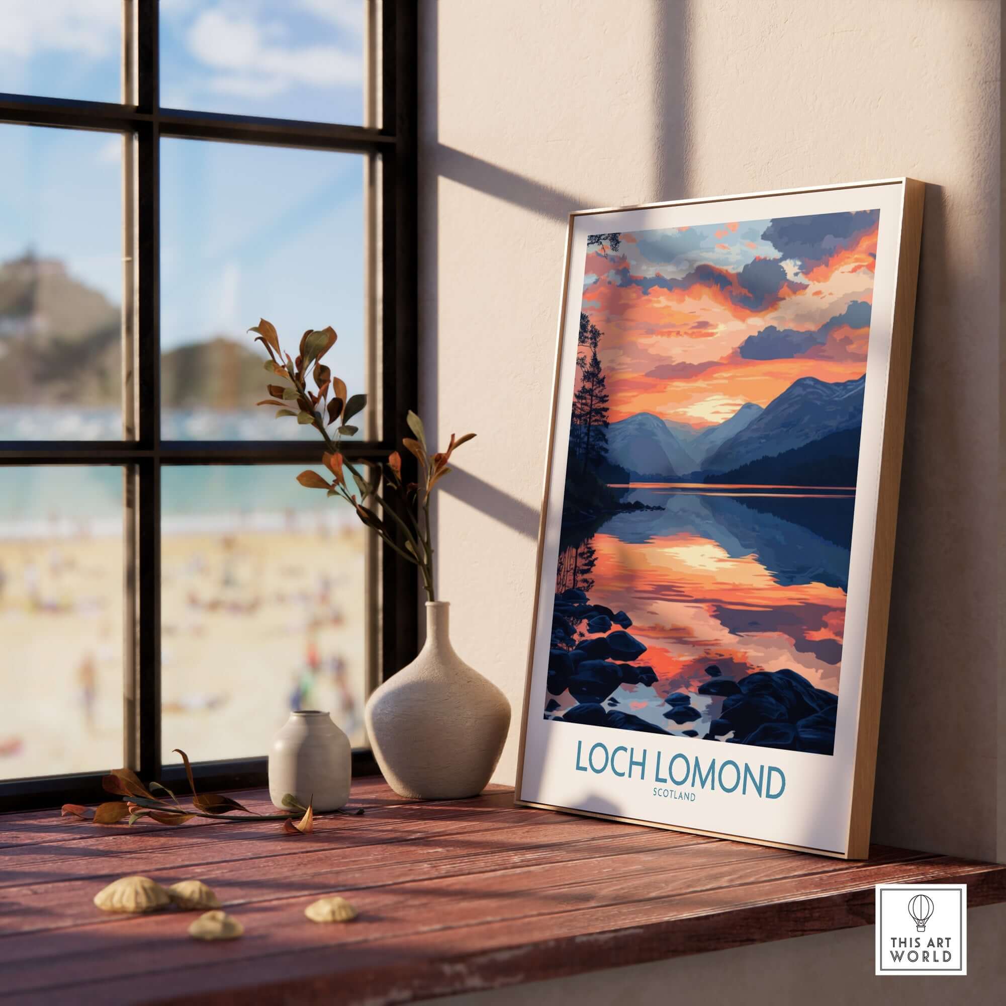 Loch Lomond Art Print displayed on a windowsill, featuring a scenic sunset over the lake in Scotland.
