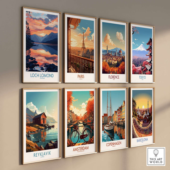 Collection of travel-themed art prints including Loch Lomond, Paris, Florence, Tokyo, Reykjavik, Amsterdam, Copenhagen, and Barcelona.