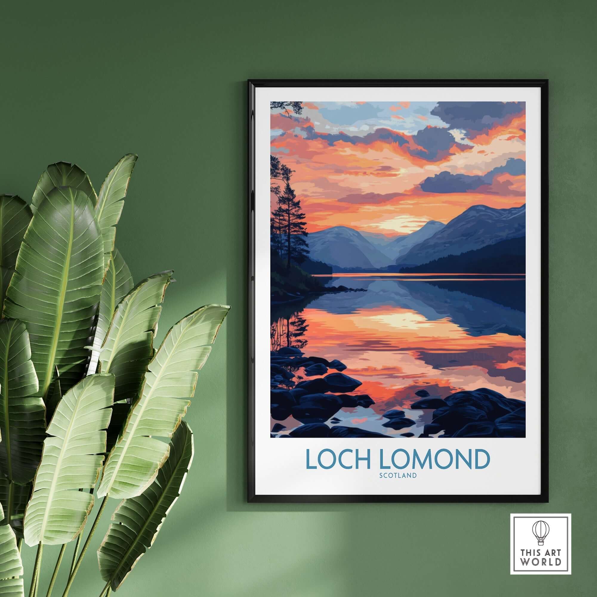 Loch Lomond Art Print showcasing a vibrant sunset reflection over the Scottish lake, framed in a stylish decor.