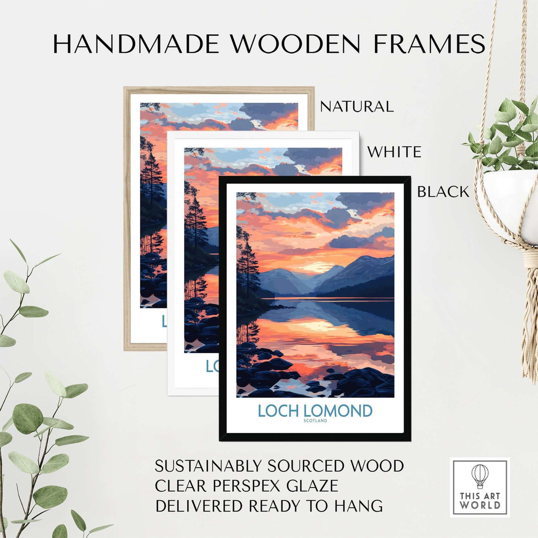 Handmade wooden frames for Loch Lomond art print in natural, white, and black finishes, sustainably sourced and ready to hang.