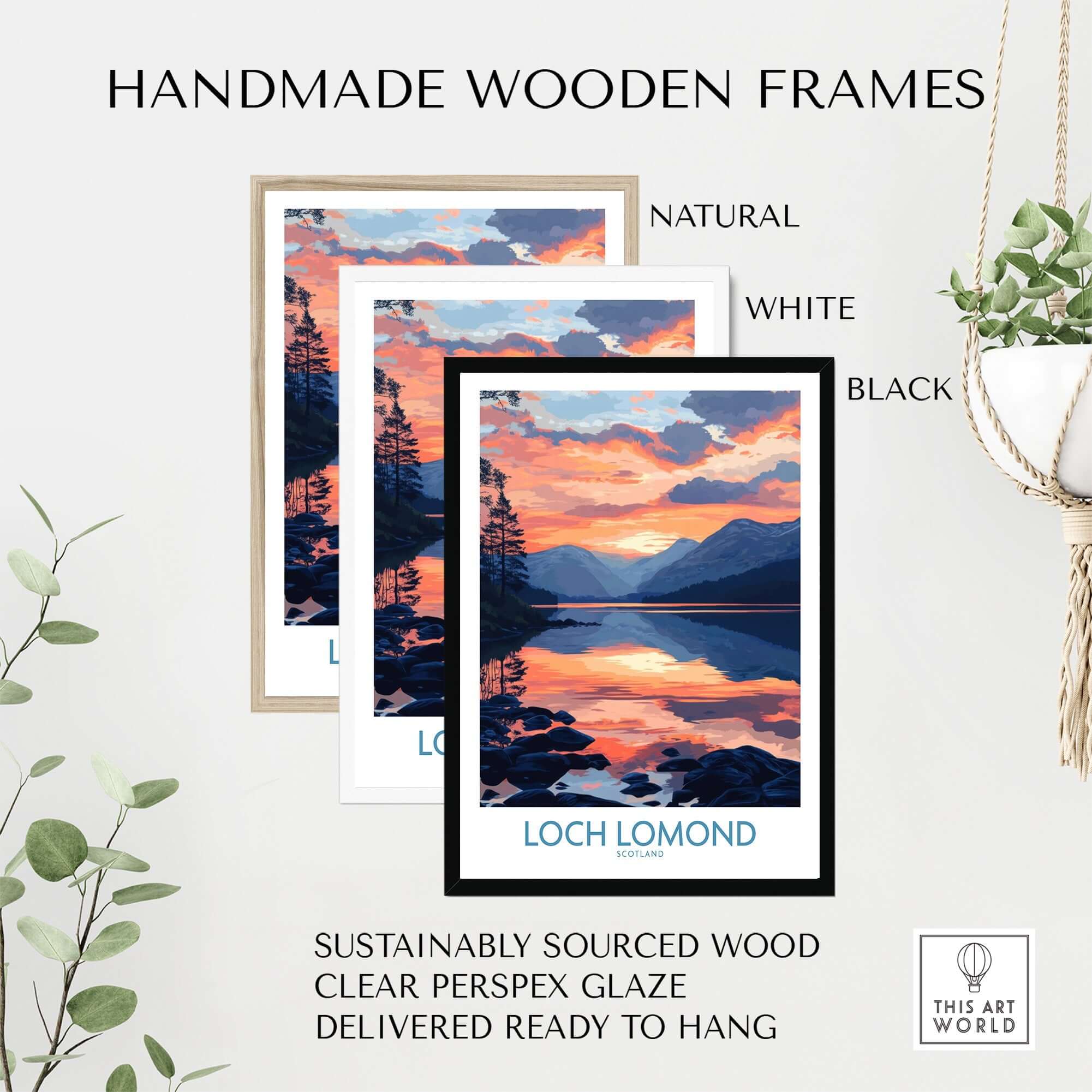 Handmade wooden frames for Loch Lomond Art Print in natural, white, and black finishes, ready to hang.