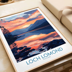Loch Lomond Art Print showcasing a beautiful sunset over Loch Lomond, Scotland, with intricate details and vibrant colors.