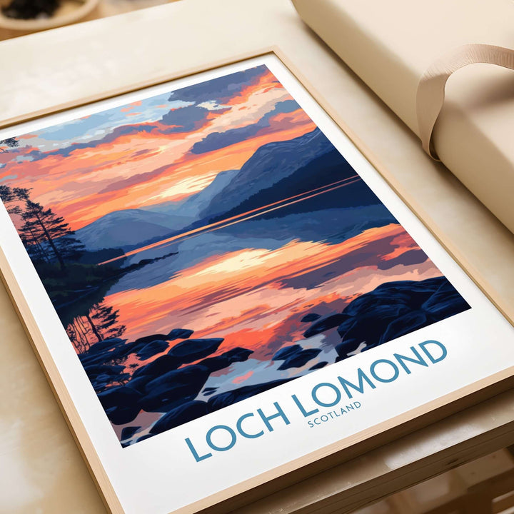 Loch Lomond art print showcasing a vibrant sunset over the iconic Scottish lake, enhancing any room's decor.