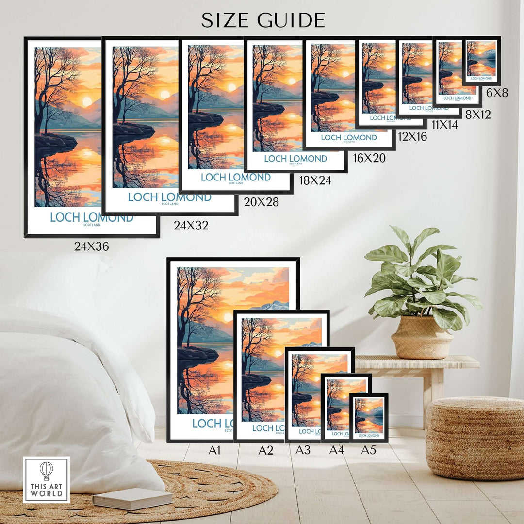 Loch Lomond size guide poster options displayed in a cozy home setting with various sizes and frames for decor ideas.