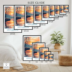 Size guide for Loch Lomond Poster highlighting dimensions and frame options.