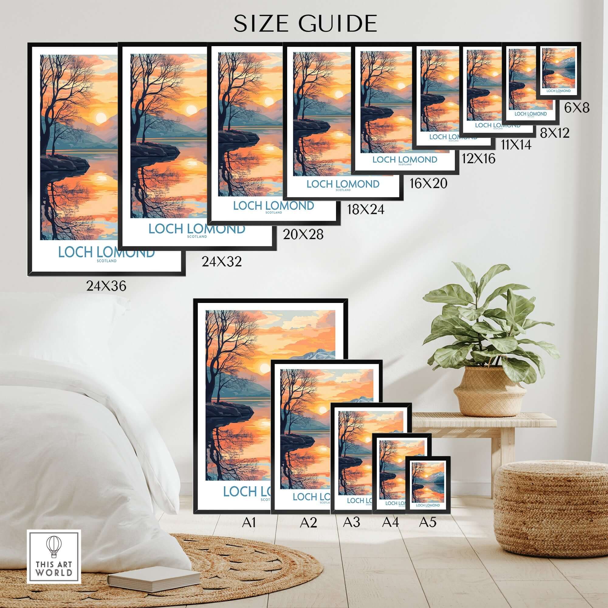 Size guide for Loch Lomond Poster highlighting dimensions and frame options.
