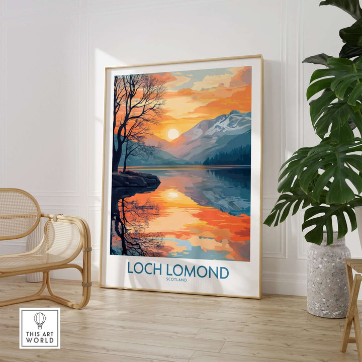 Loch Lomond poster featuring tranquil sunset over the highlands, perfect for home or office decor.