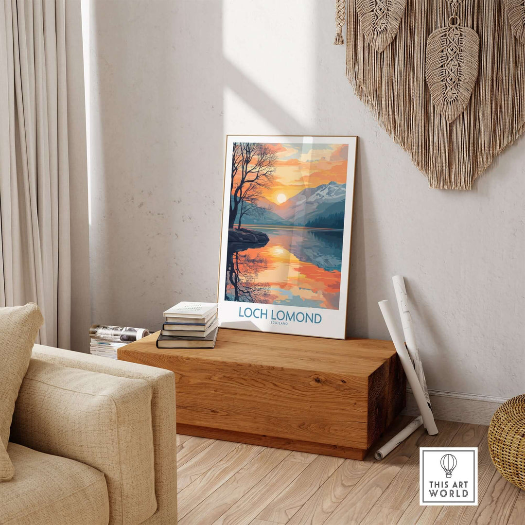 Loch Lomond poster displayed in a cozy living room, showcasing serene Scottish landscape and vibrant sunset colors.