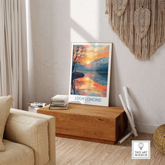 Loch Lomond Poster displayed in a cozy living room setting, showcasing the iconic scenery of Loch Lomond.