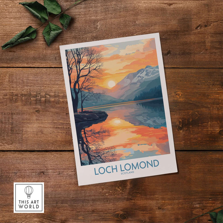 Loch Lomond poster featuring serene sunset reflection and scenic landscapes of Scotland on wooden background.